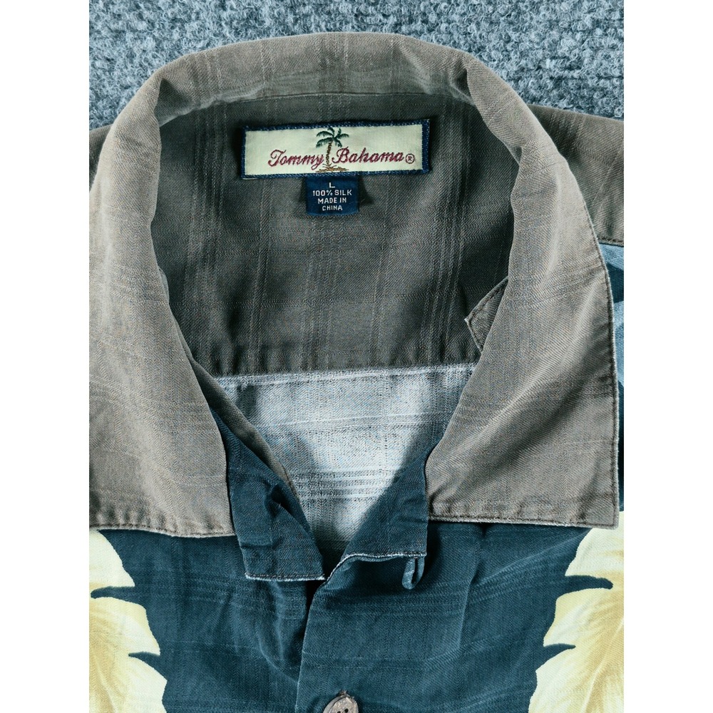 Tommy Bahama Mens Large 100% Silk Tropical Palm Leaf Print Camp Shirt Brown Teal - Picture 3 of 10